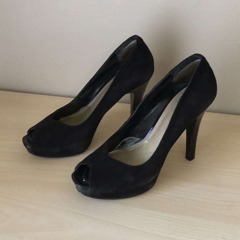 Black suede pumps with 4 inch patent leather heels